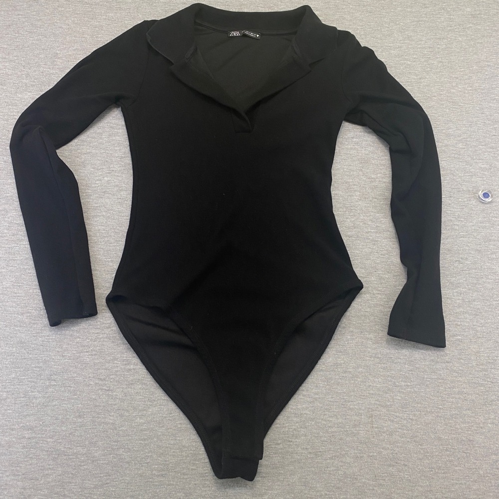 ZARA Bodysuit Preppy Chic Women‎ Small Black Ribbed Collared V-Neck Long Sleeve